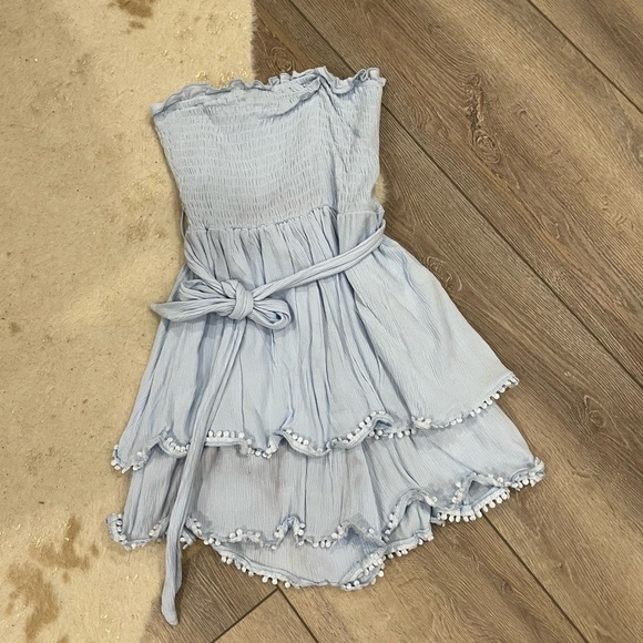 Light blue ruffled tiered smocked strapless romper - Picture 2 of 5